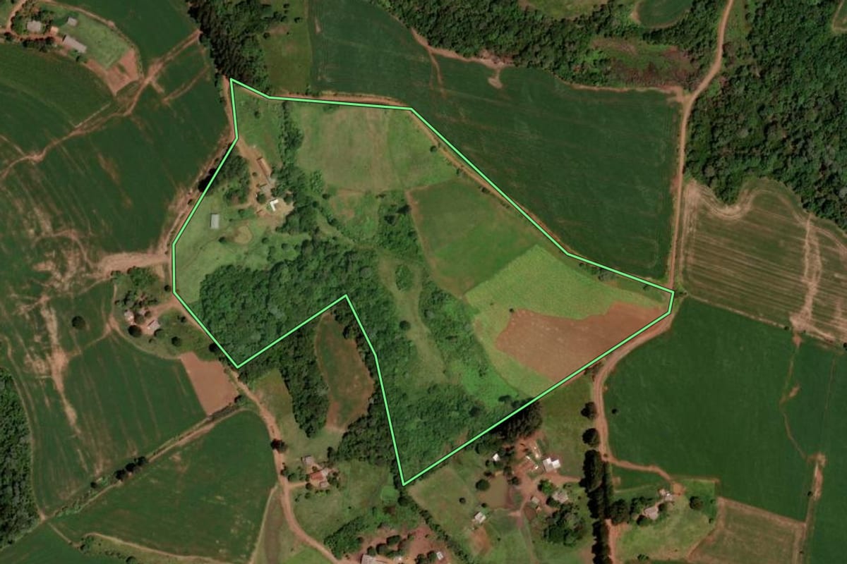 Imagem de satélite do imóvel rural em Honório Serpa (PR), com o contorno declarado no CAR desenhado por cima.