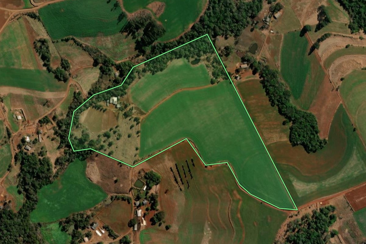 Imagem de satélite do imóvel rural em Honório Serpa (PR), com o contorno declarado no CAR desenhado por cima.