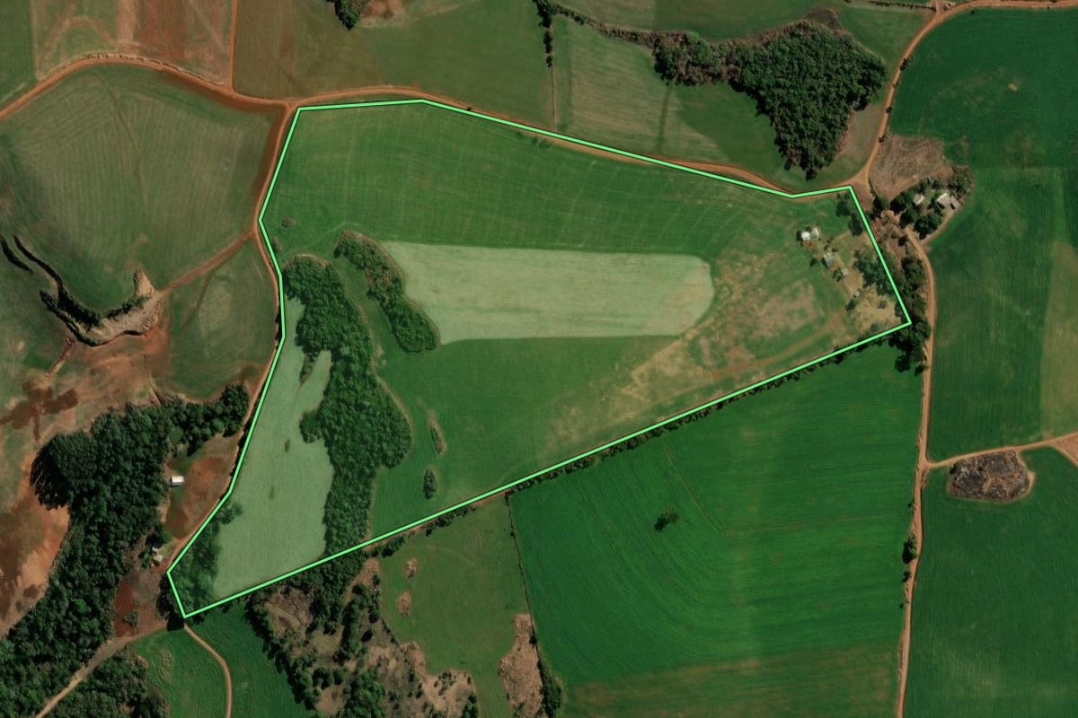 Imagem de satélite do imóvel rural em Honório Serpa (PR), com o contorno declarado no CAR desenhado por cima.