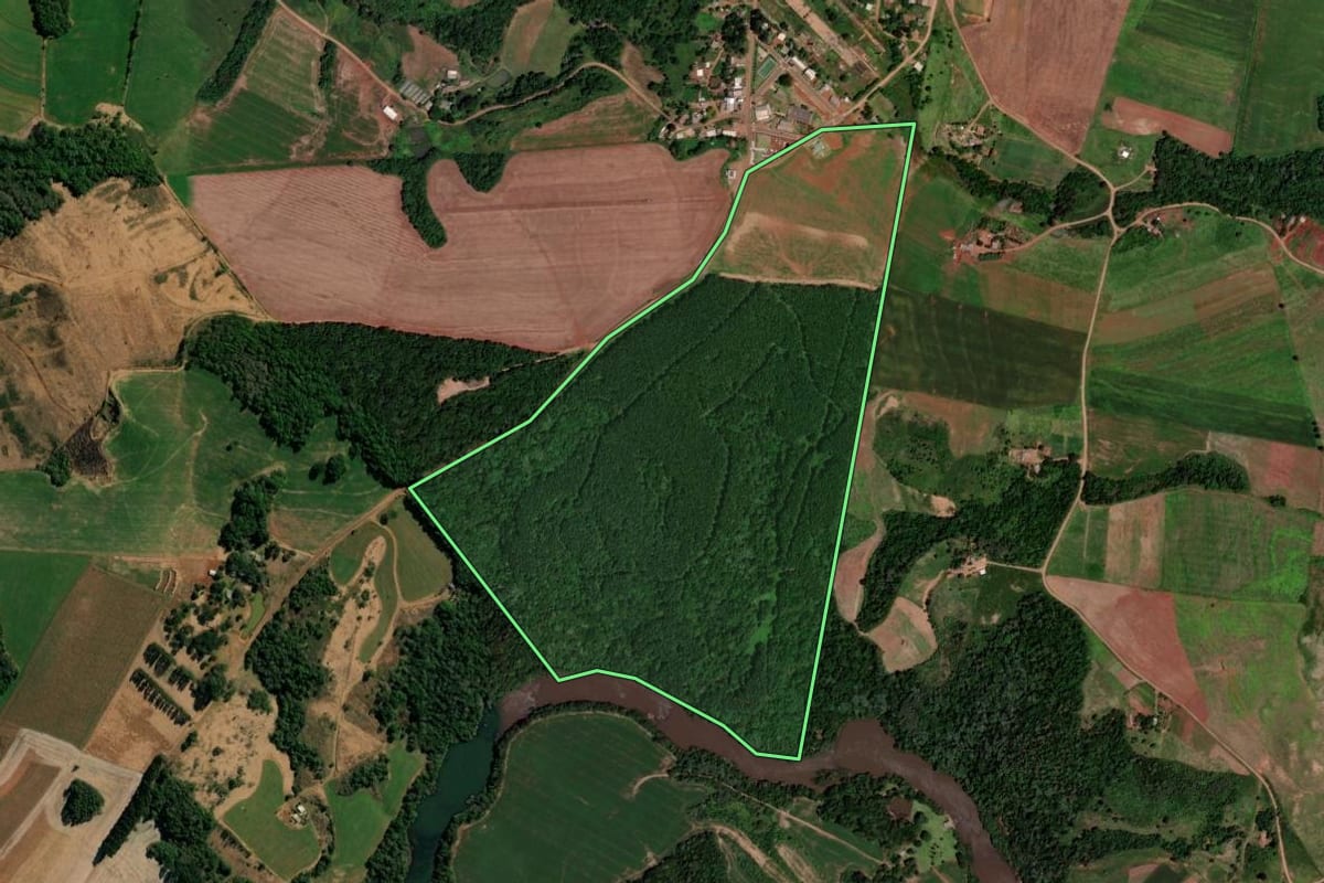 Imagem de satélite do imóvel rural em Honório Serpa (PR), com o contorno declarado no CAR desenhado por cima.