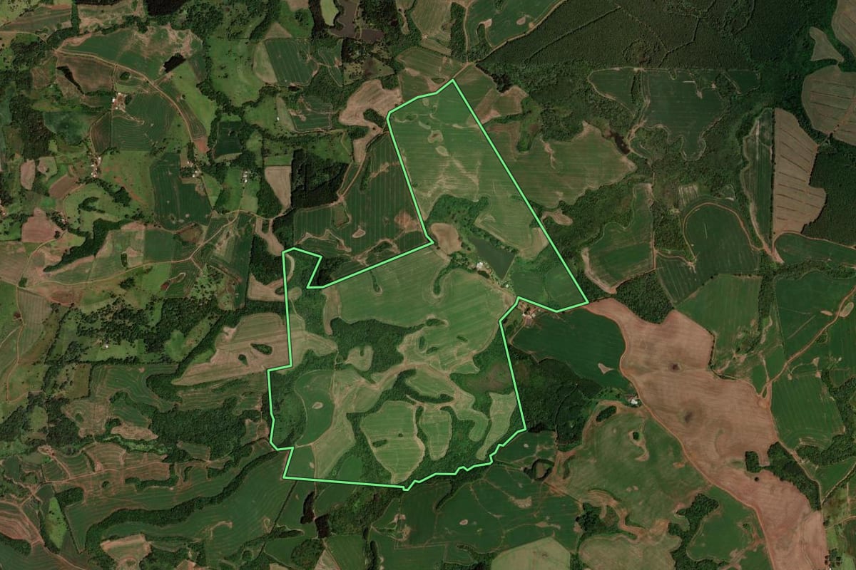 Imagem de satélite do imóvel rural em Honório Serpa (PR), com o contorno declarado no CAR desenhado por cima.