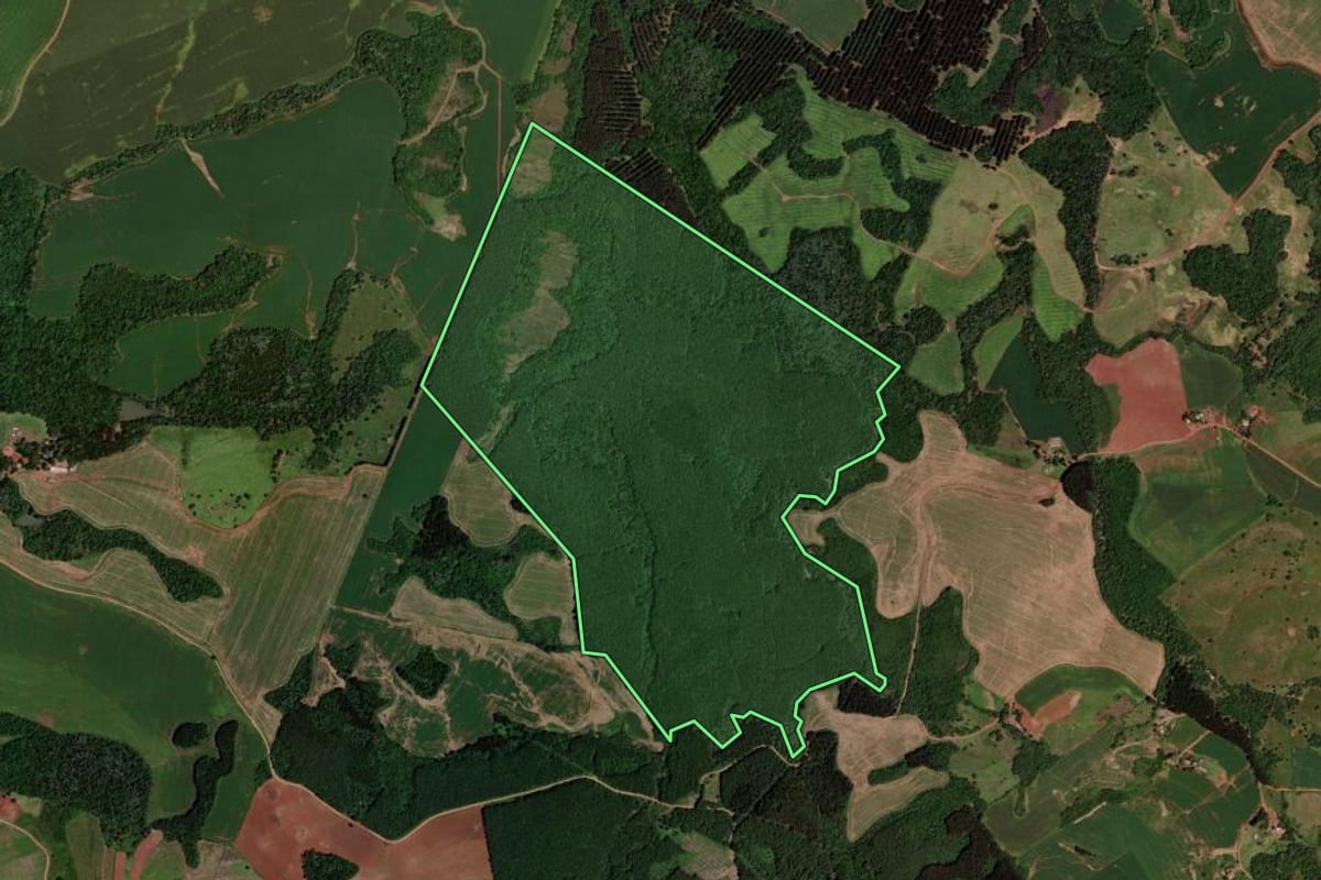 Imagem de satélite do imóvel rural em Honório Serpa (PR), com o contorno declarado no CAR desenhado por cima.