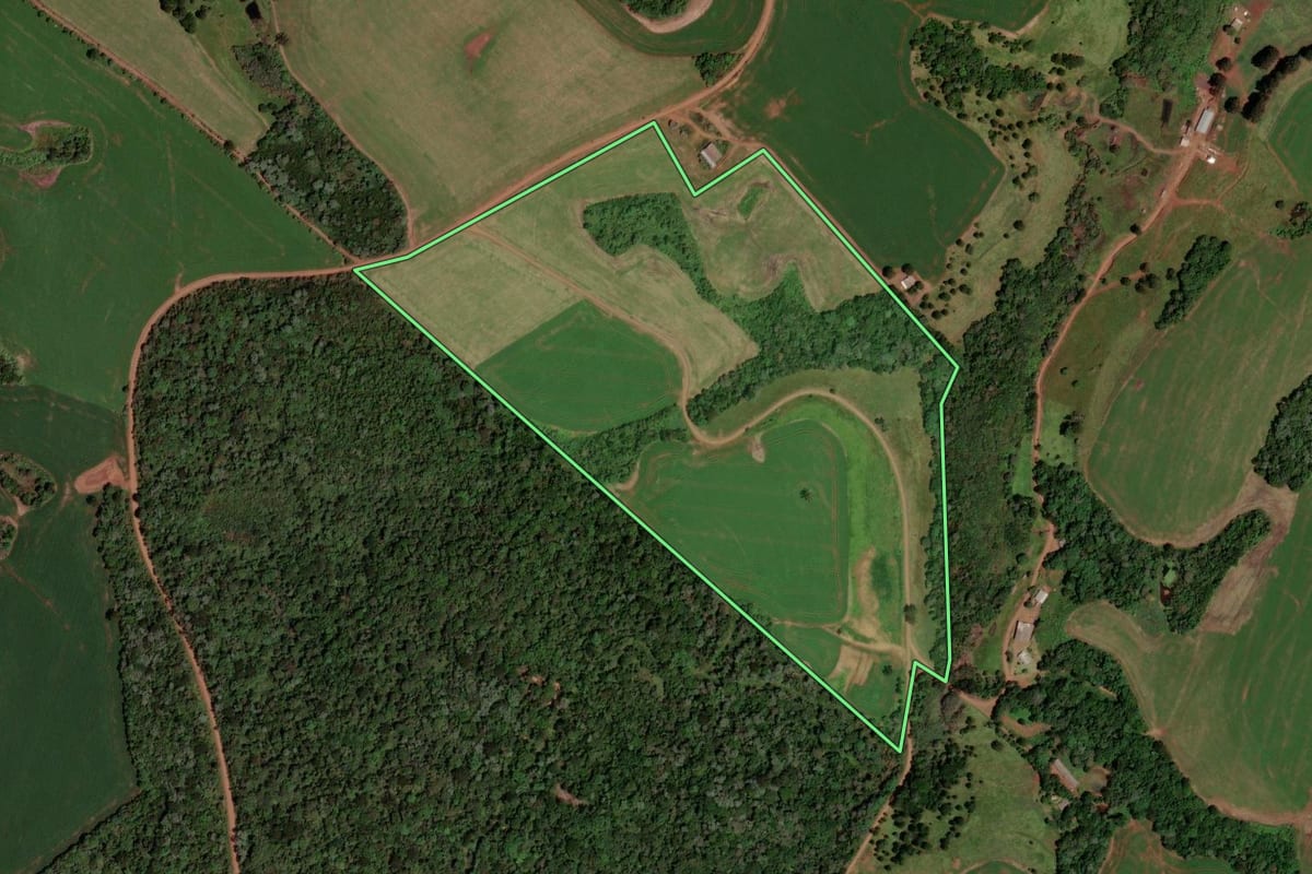 Imagem de satélite do imóvel rural em Honório Serpa (PR), com o contorno declarado no CAR desenhado por cima.