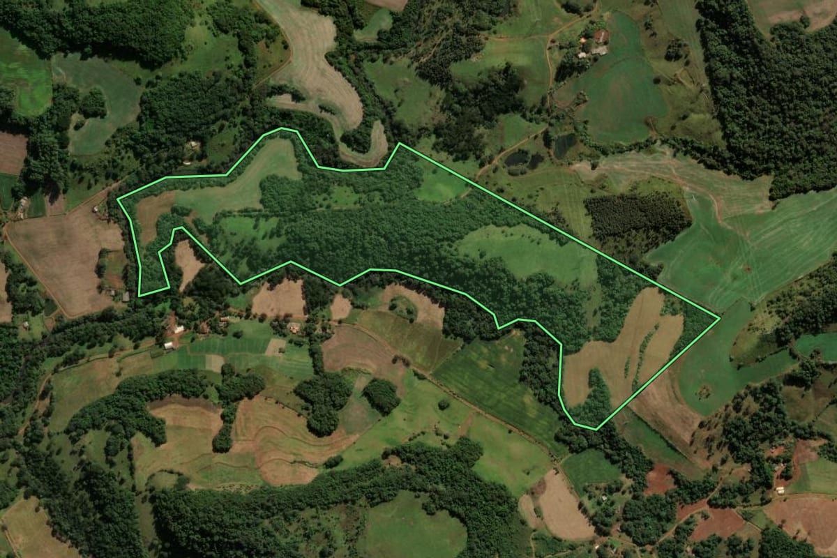 Imagem de satélite do imóvel rural em Honório Serpa (PR), com o contorno declarado no CAR desenhado por cima.