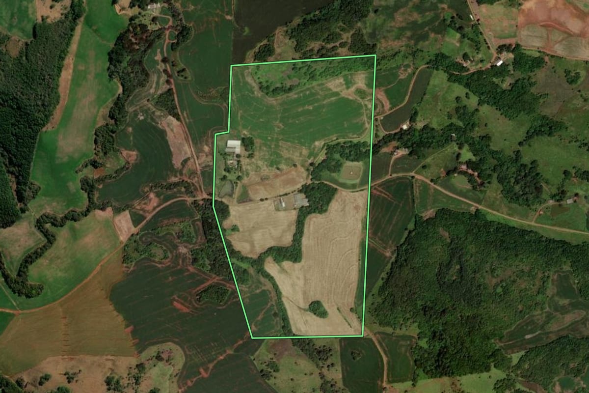 Imagem de satélite do imóvel rural em Honório Serpa (PR), com o contorno declarado no CAR desenhado por cima.