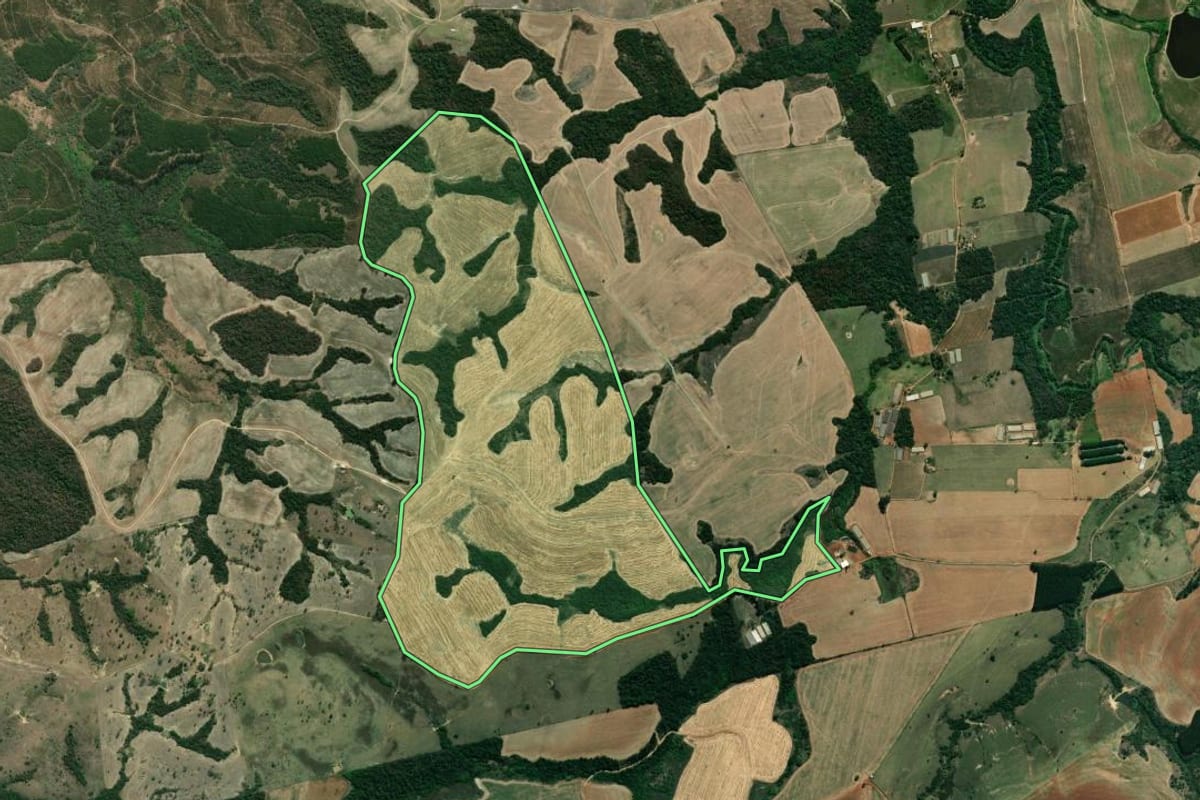 Imagem de satélite do imóvel rural em Ibaiti (PR), com o contorno declarado no CAR desenhado por cima.