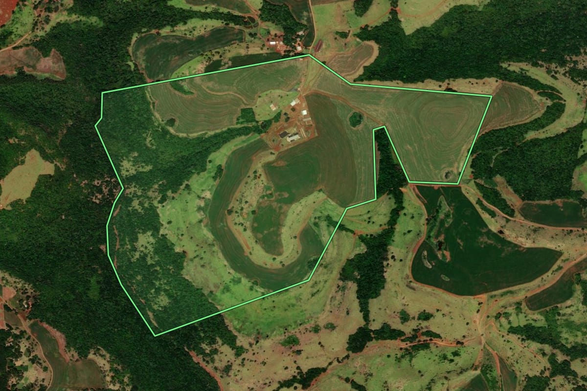 Imagem de satélite do imóvel rural em Ibema (PR), com o contorno declarado no CAR desenhado por cima.