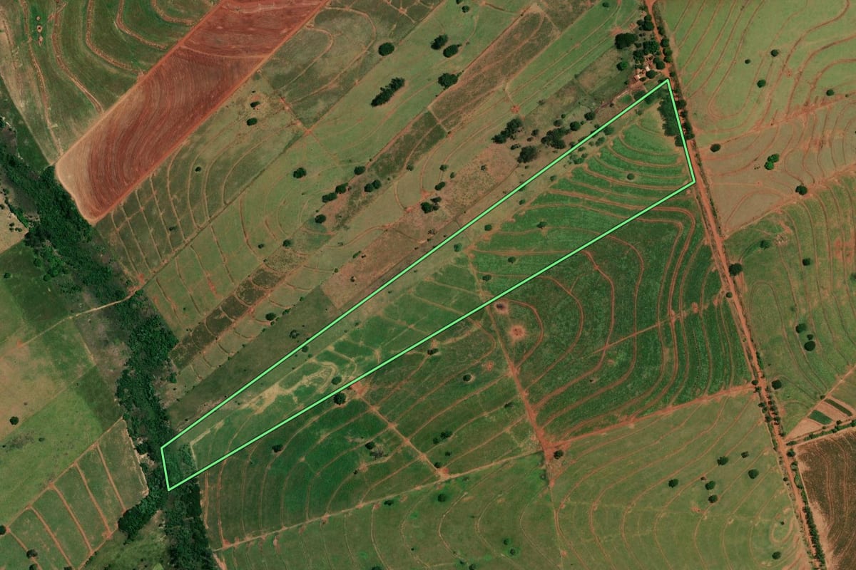Imagem de satélite do imóvel rural em Icaraíma (PR), com o contorno declarado no CAR desenhado por cima.