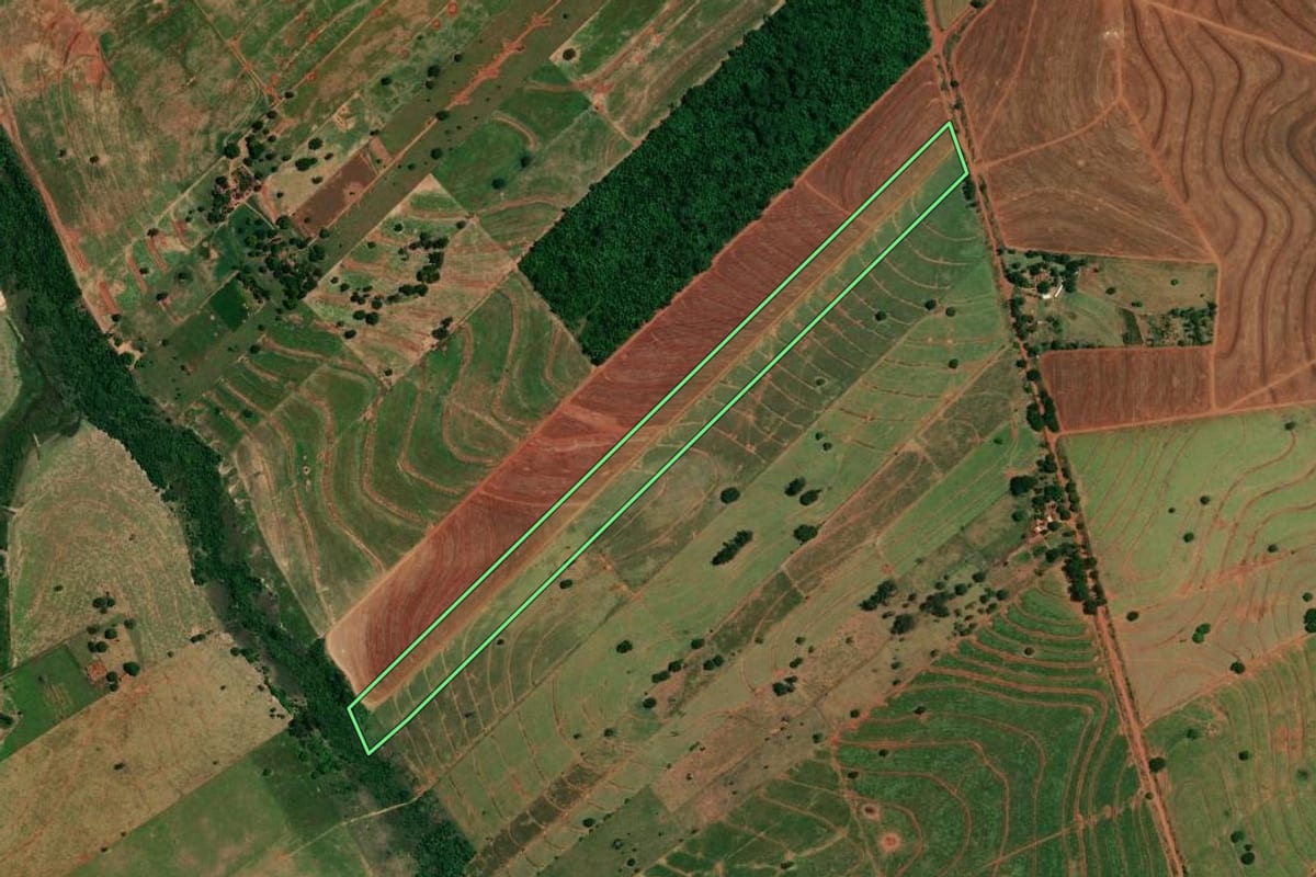 Imagem de satélite do imóvel rural em Icaraíma (PR), com o contorno declarado no CAR desenhado por cima.