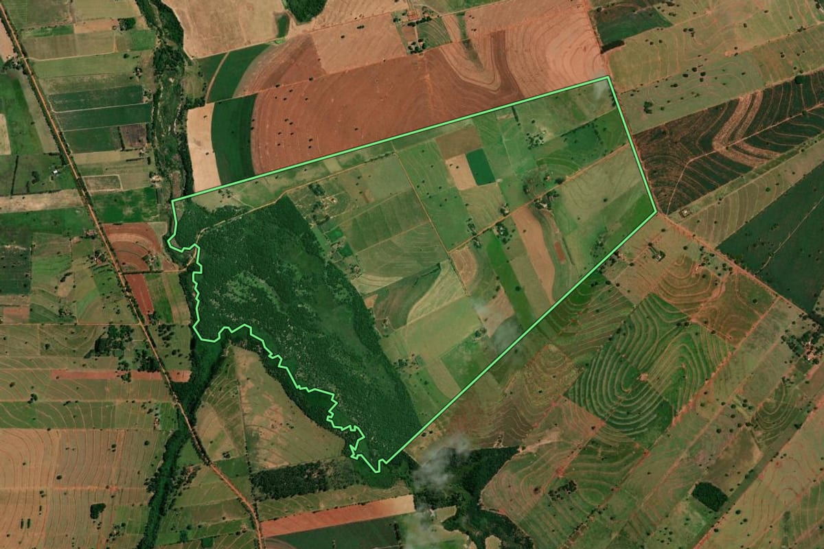 Imagem de satélite do imóvel rural em Icaraíma (PR), com o contorno declarado no CAR desenhado por cima.