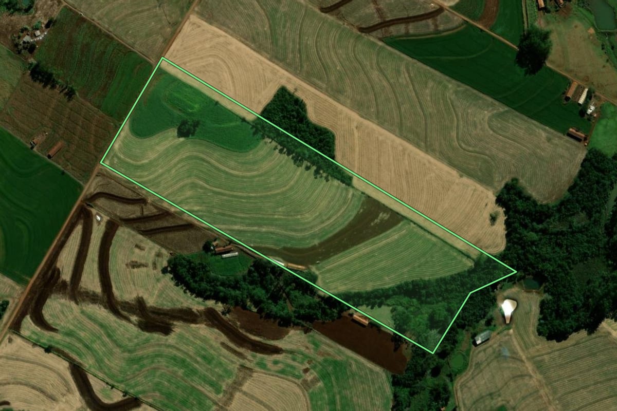 Imagem de satélite do imóvel rural em Iguatu (PR), com o contorno declarado no CAR desenhado por cima.