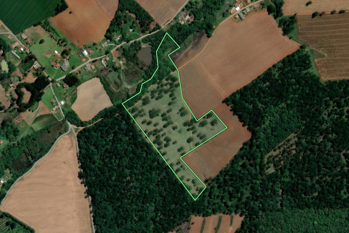 Imagem de satélite do imóvel rural em Imbituva (PR), com o contorno declarado no CAR desenhado por cima.