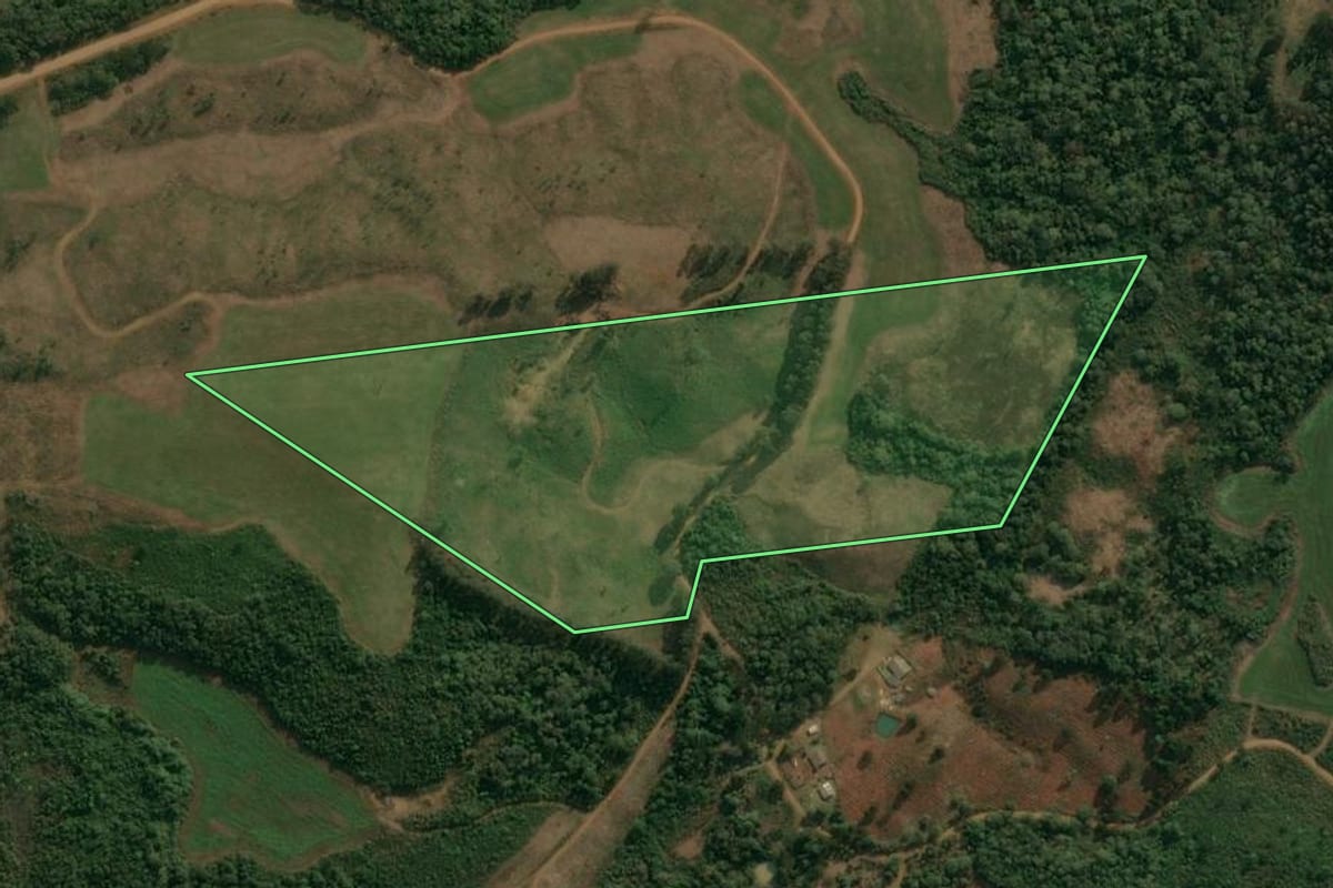 Imagem de satélite do imóvel rural em Inácio Martins (PR), com o contorno declarado no CAR desenhado por cima.
