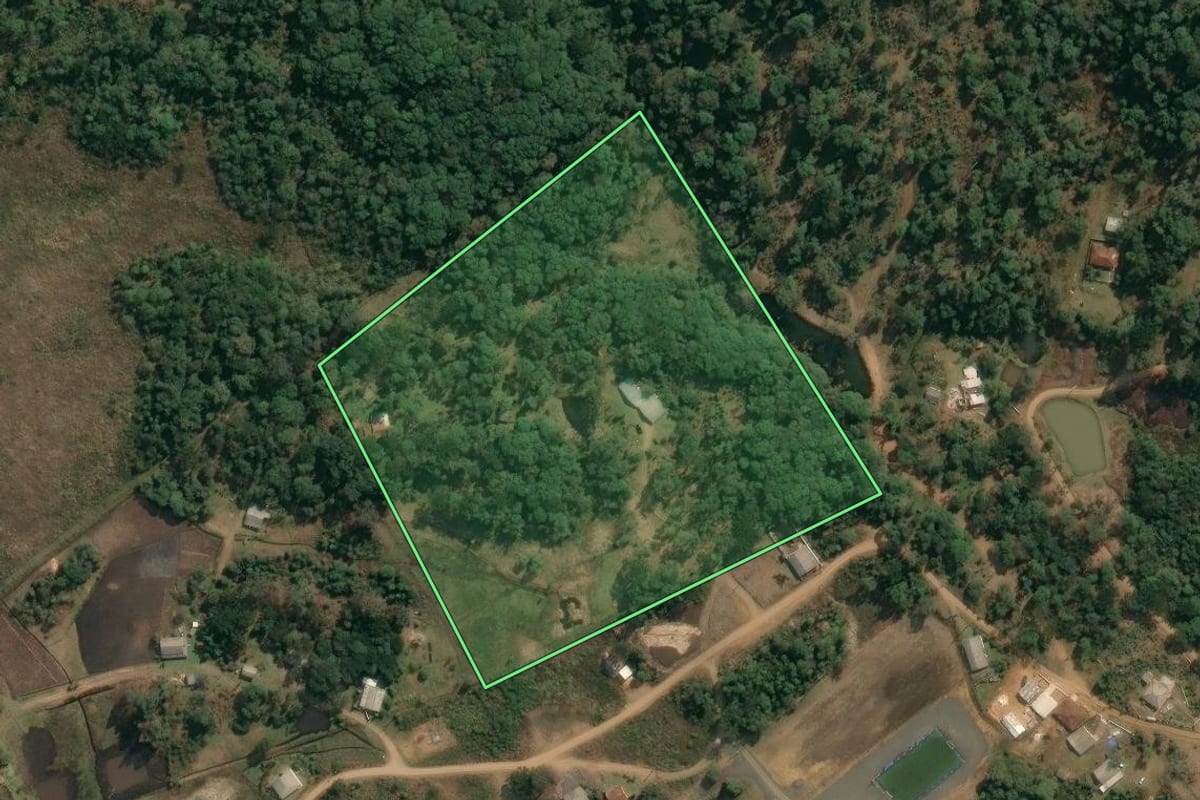 Imagem de satélite do imóvel rural em Inácio Martins (PR), com o contorno declarado no CAR desenhado por cima.