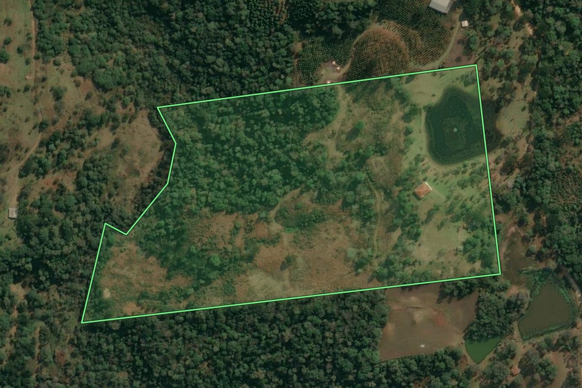 Imagem de satélite do imóvel rural em Inácio Martins (PR), com o contorno declarado no CAR desenhado por cima.