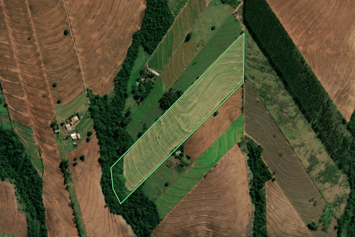 Imagem de satélite do imóvel rural em Indianópolis (PR), com o contorno declarado no CAR desenhado por cima.