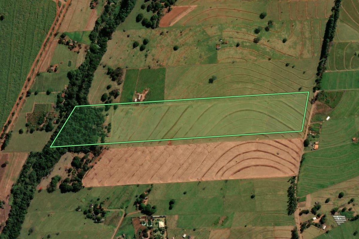Imagem de satélite do imóvel rural em Indianópolis (PR), com o contorno declarado no CAR desenhado por cima.