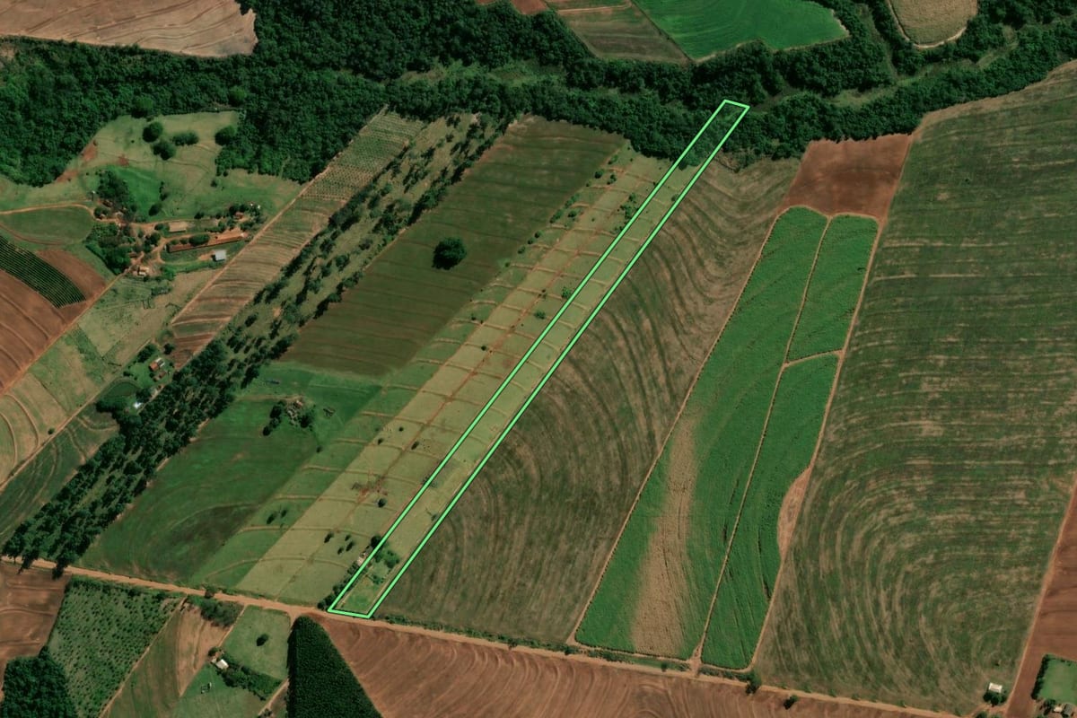 Imagem de satélite do imóvel rural em Indianópolis (PR), com o contorno declarado no CAR desenhado por cima.