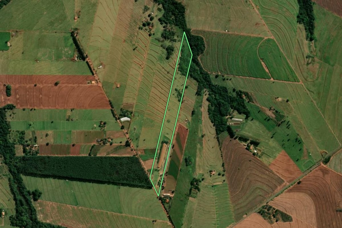 Imagem de satélite do imóvel rural em Indianópolis (PR), com o contorno declarado no CAR desenhado por cima.
