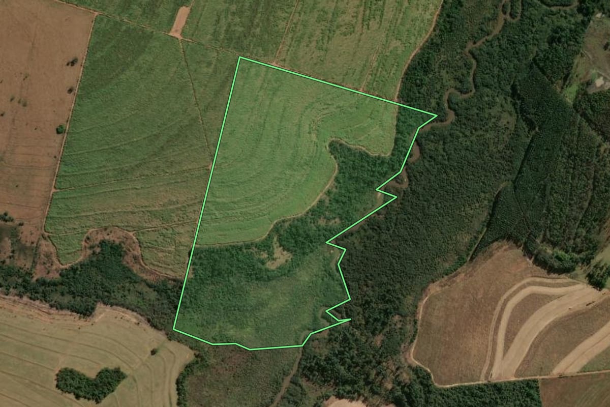 Imagem de satélite do imóvel rural em Indianópolis (PR), com o contorno declarado no CAR desenhado por cima.