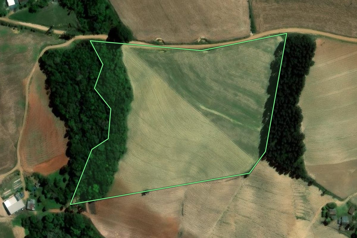Imagem de satélite do imóvel rural em Ipiranga (PR), com o contorno declarado no CAR desenhado por cima.