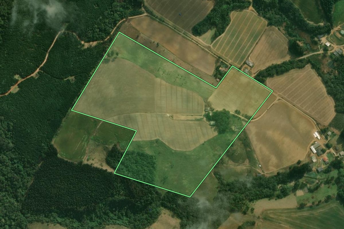 Imagem de satélite do imóvel rural em Ipiranga (PR), com o contorno declarado no CAR desenhado por cima.