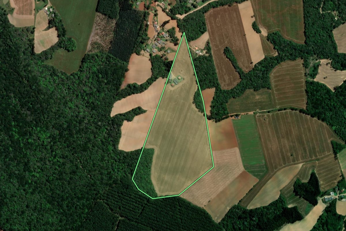 Imagem de satélite do imóvel rural em Ipiranga (PR), com o contorno declarado no CAR desenhado por cima.
