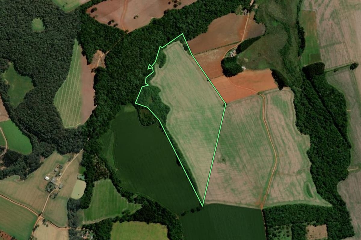 Imagem de satélite do imóvel rural em Ipiranga (PR), com o contorno declarado no CAR desenhado por cima.