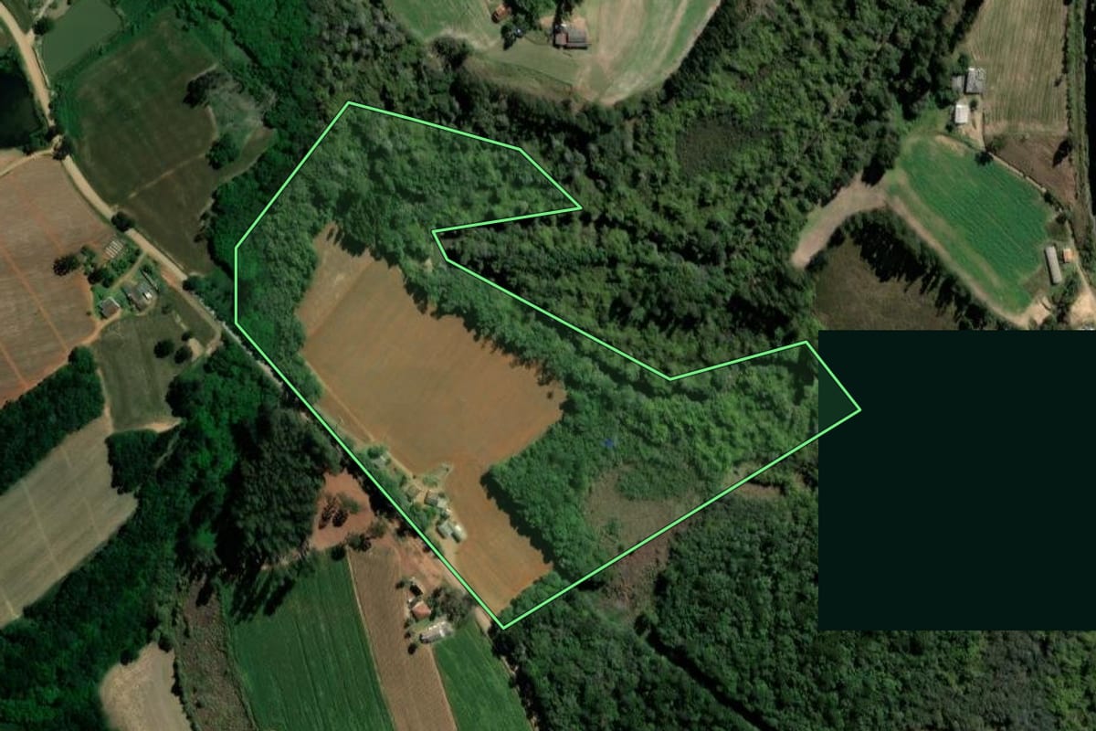 Imagem de satélite do imóvel rural em Ipiranga (PR), com o contorno declarado no CAR desenhado por cima.