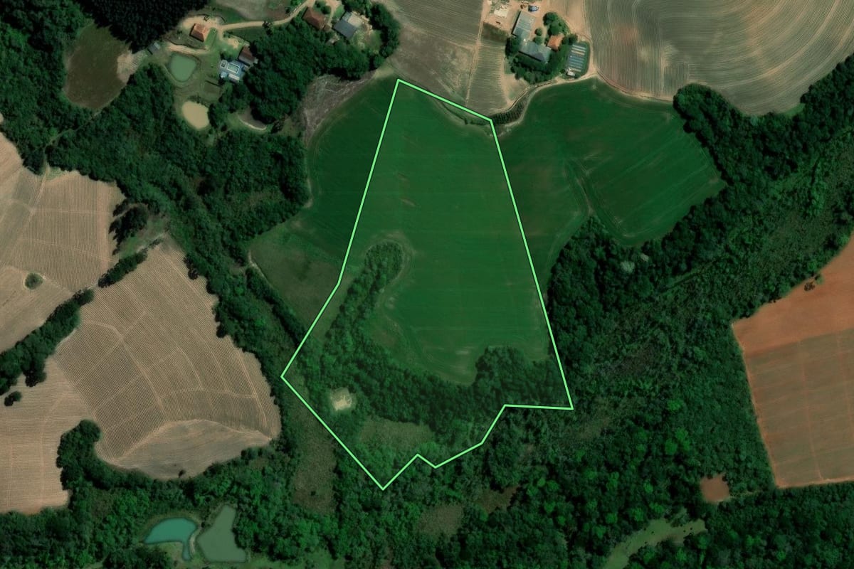 Imagem de satélite do imóvel rural em Ipiranga (PR), com o contorno declarado no CAR desenhado por cima.