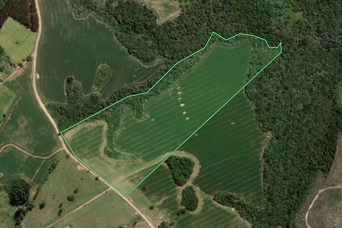 Imagem de satélite do imóvel rural em Ipiranga (PR), com o contorno declarado no CAR desenhado por cima.
