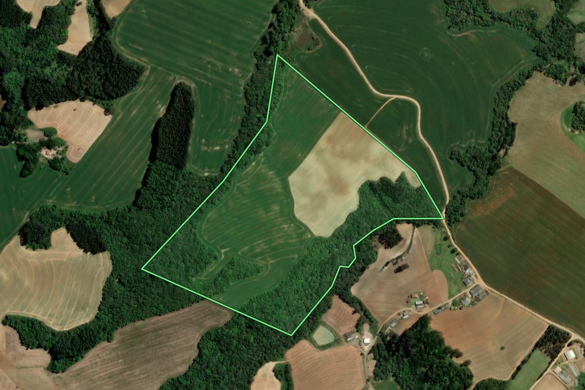Imagem de satélite do imóvel rural em Ipiranga (PR), com o contorno declarado no CAR desenhado por cima.