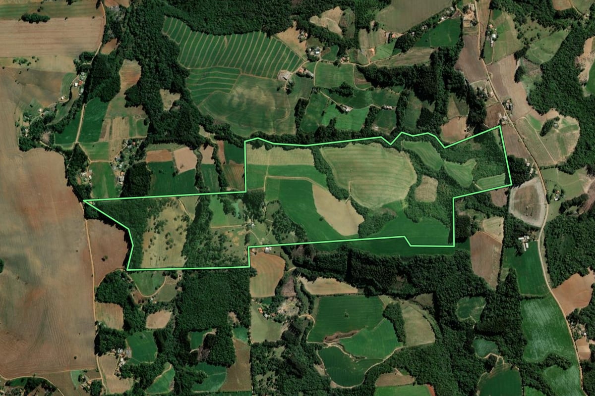 Imagem de satélite do imóvel rural em Ipiranga (PR), com o contorno declarado no CAR desenhado por cima.