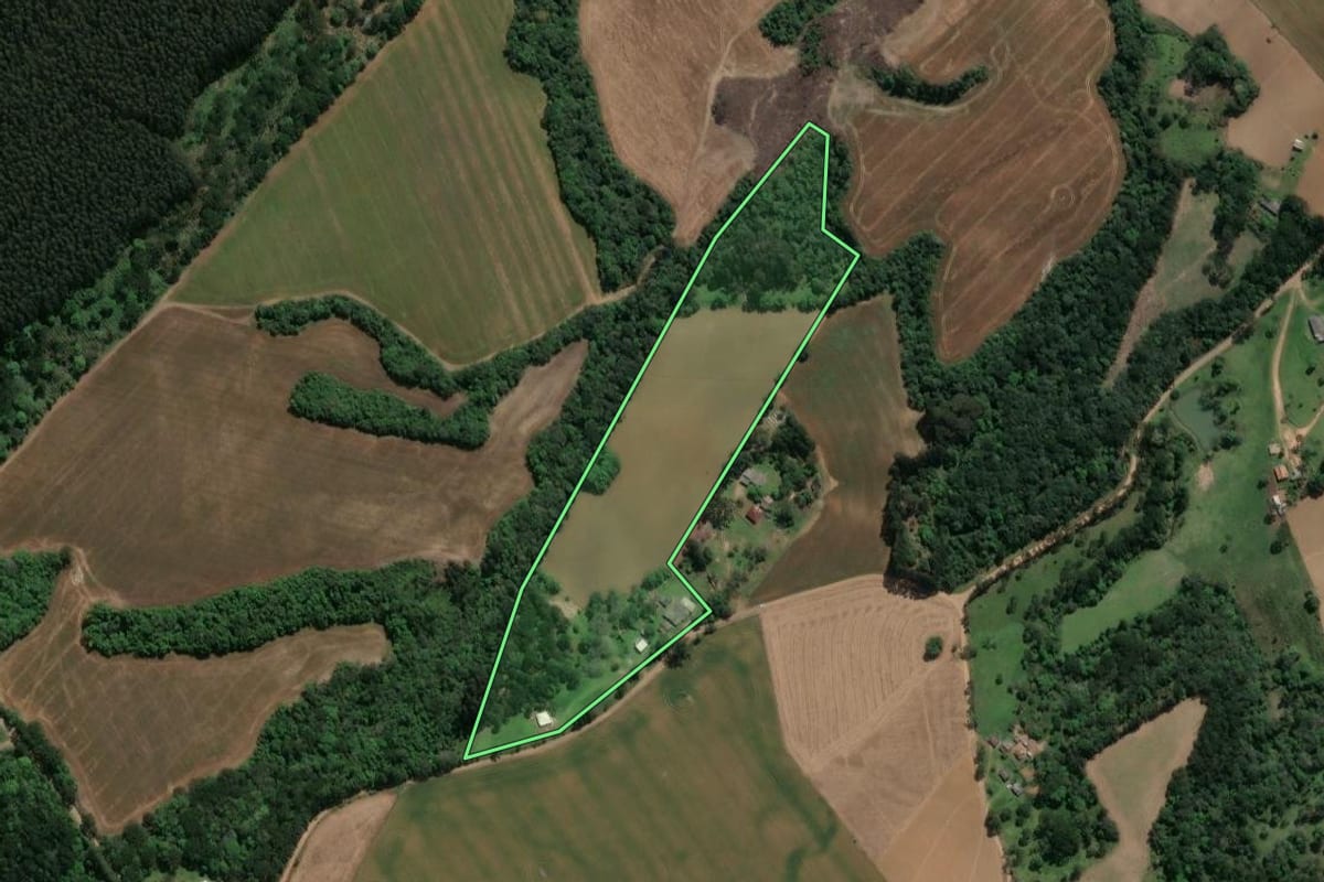 Imagem de satélite do imóvel rural em Ipiranga (PR), com o contorno declarado no CAR desenhado por cima.