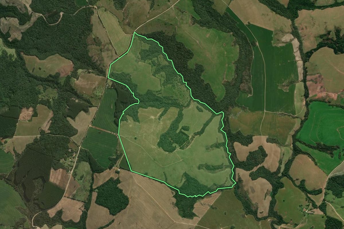 Imagem de satélite do imóvel rural em Ipiranga (PR), com o contorno declarado no CAR desenhado por cima.