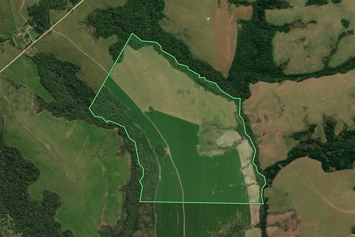 Imagem de satélite do imóvel rural em Ipiranga (PR), com o contorno declarado no CAR desenhado por cima.