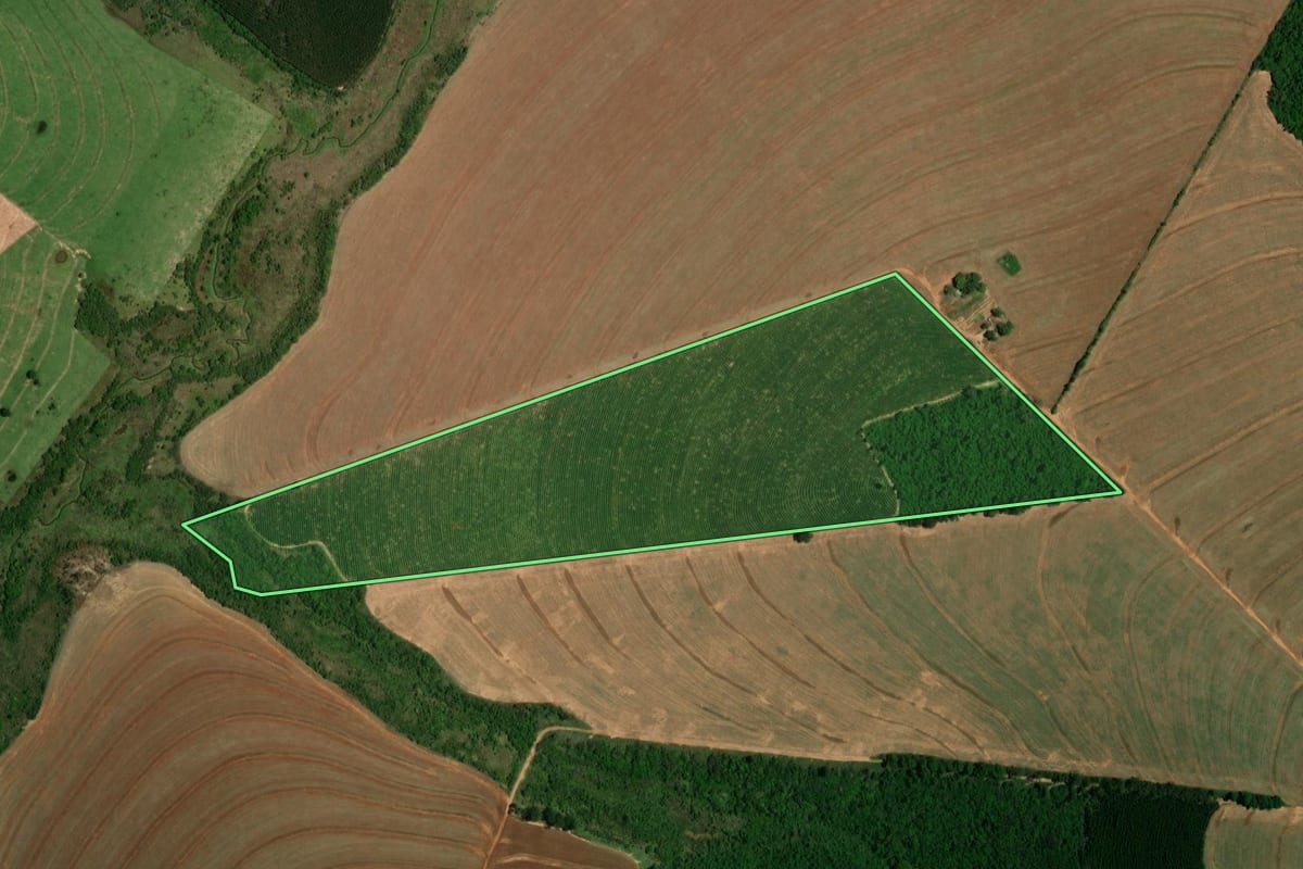 Imagem de satélite do imóvel rural em Iporã (PR), com o contorno declarado no CAR desenhado por cima.