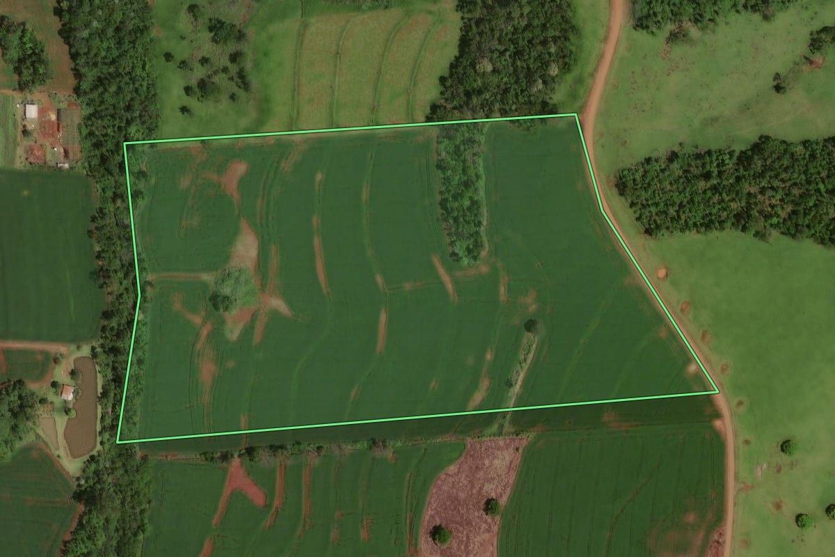 Imagem de satélite do imóvel rural em Iracema do Oeste (PR), com o contorno declarado no CAR desenhado por cima.