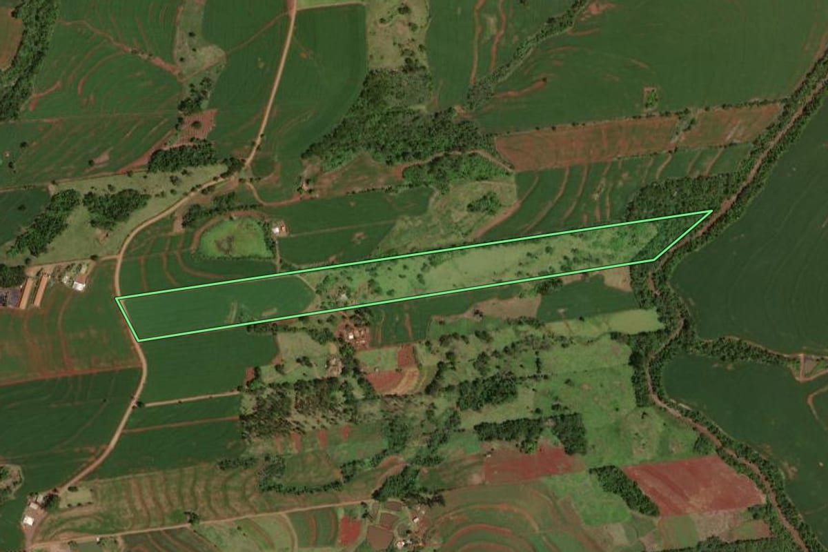 Imagem de satélite do imóvel rural em Iracema do Oeste (PR), com o contorno declarado no CAR desenhado por cima.