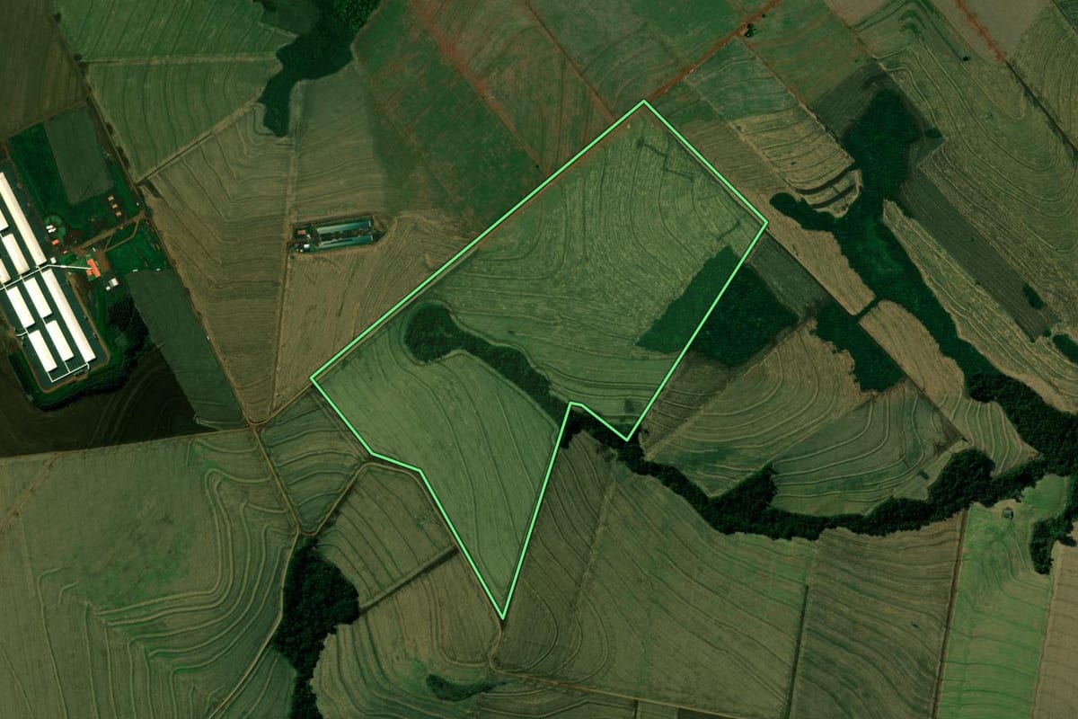 Imagem de satélite do imóvel rural em Iracema do Oeste (PR), com o contorno declarado no CAR desenhado por cima.