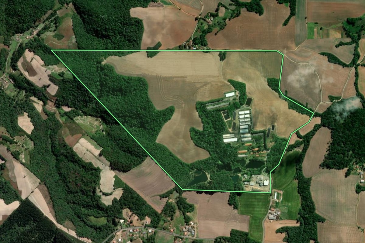 Imagem de satélite do imóvel rural em Irati (PR), com o contorno declarado no CAR desenhado por cima.