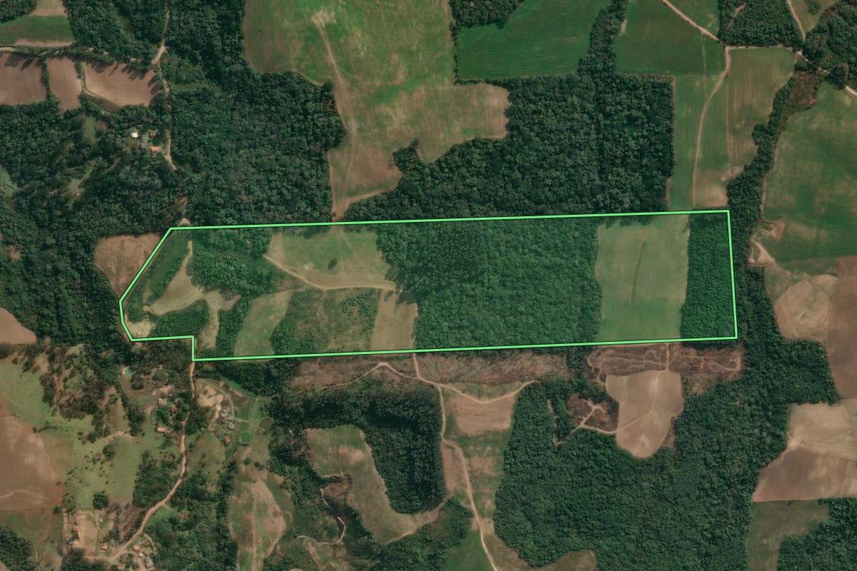Imagem de satélite do imóvel rural em Irati (PR), com o contorno declarado no CAR desenhado por cima.
