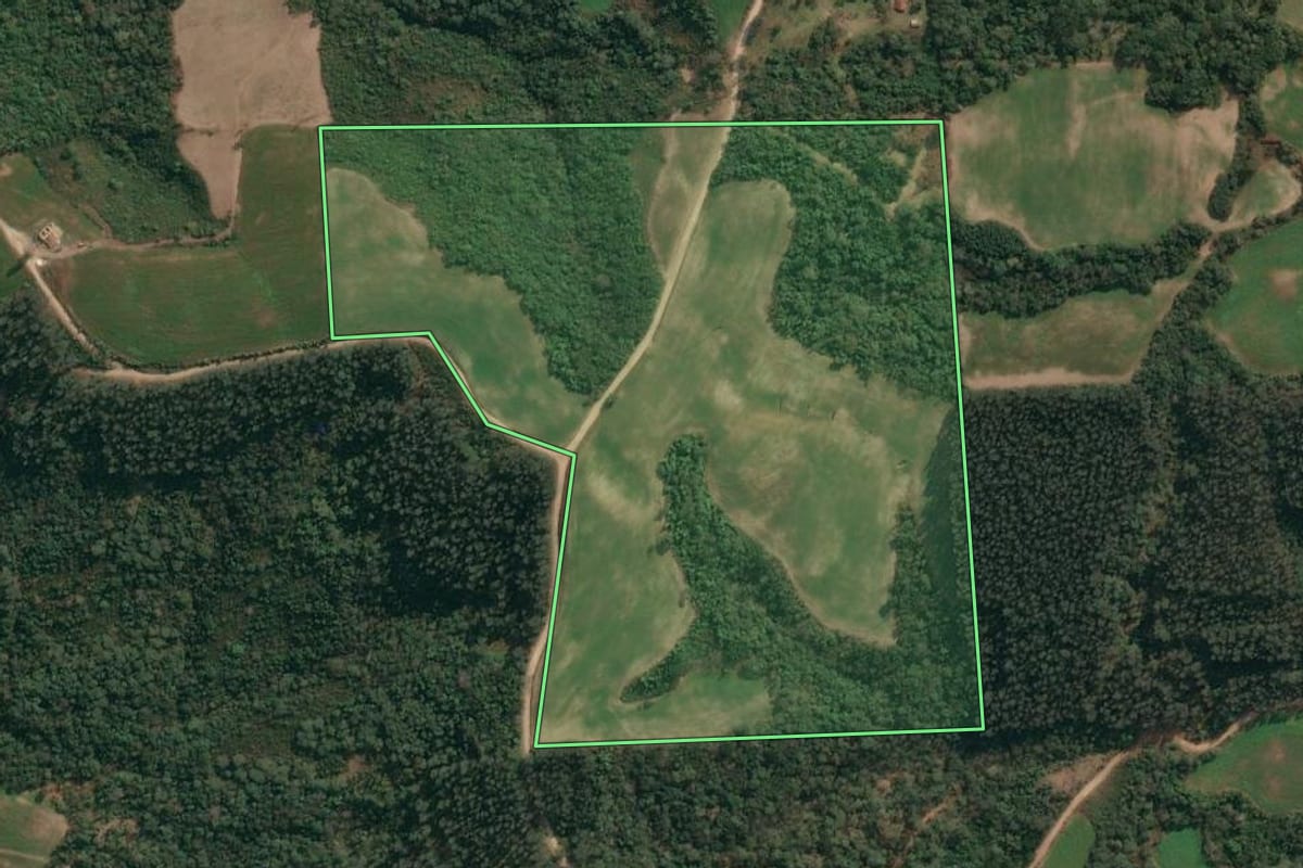 Imagem de satélite do imóvel rural em Irati (PR), com o contorno declarado no CAR desenhado por cima.