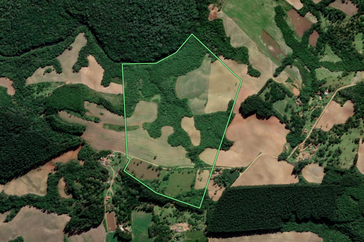 Imagem de satélite do imóvel rural em Irati (PR), com o contorno declarado no CAR desenhado por cima.