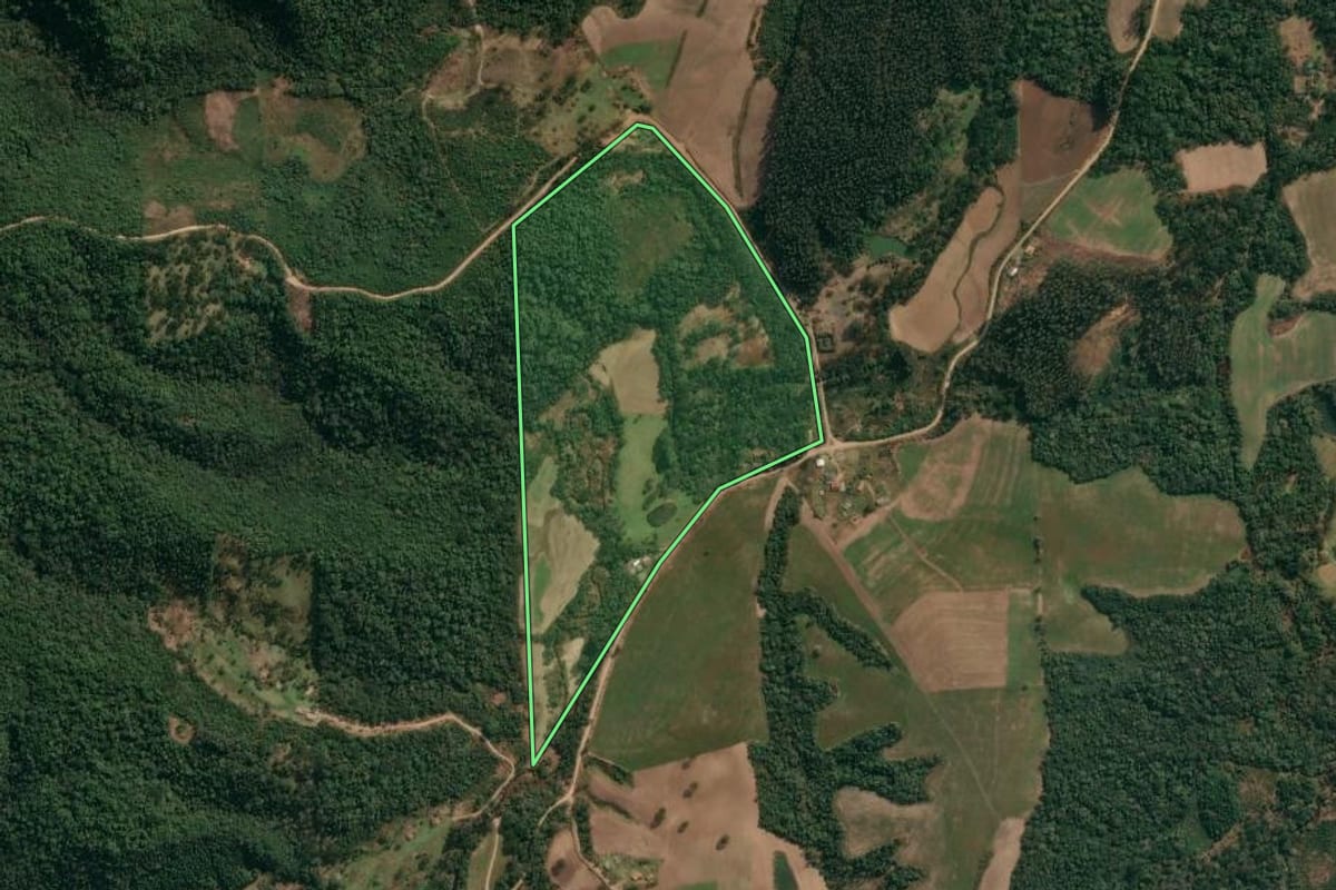 Imagem de satélite do imóvel rural em Irati (PR), com o contorno declarado no CAR desenhado por cima.