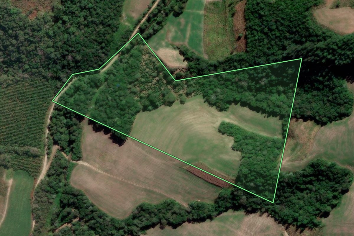 Imagem de satélite do imóvel rural em Irati (PR), com o contorno declarado no CAR desenhado por cima.