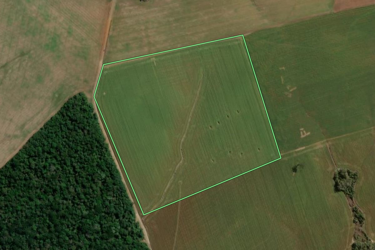 Imagem de satélite do imóvel rural em Irati (PR), com o contorno declarado no CAR desenhado por cima.