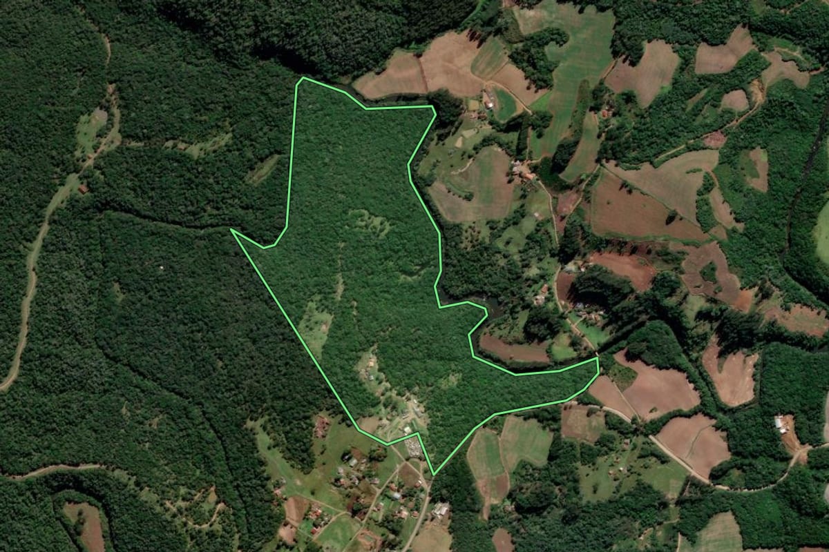 Imagem de satélite do imóvel rural em Irati (PR), com o contorno declarado no CAR desenhado por cima.