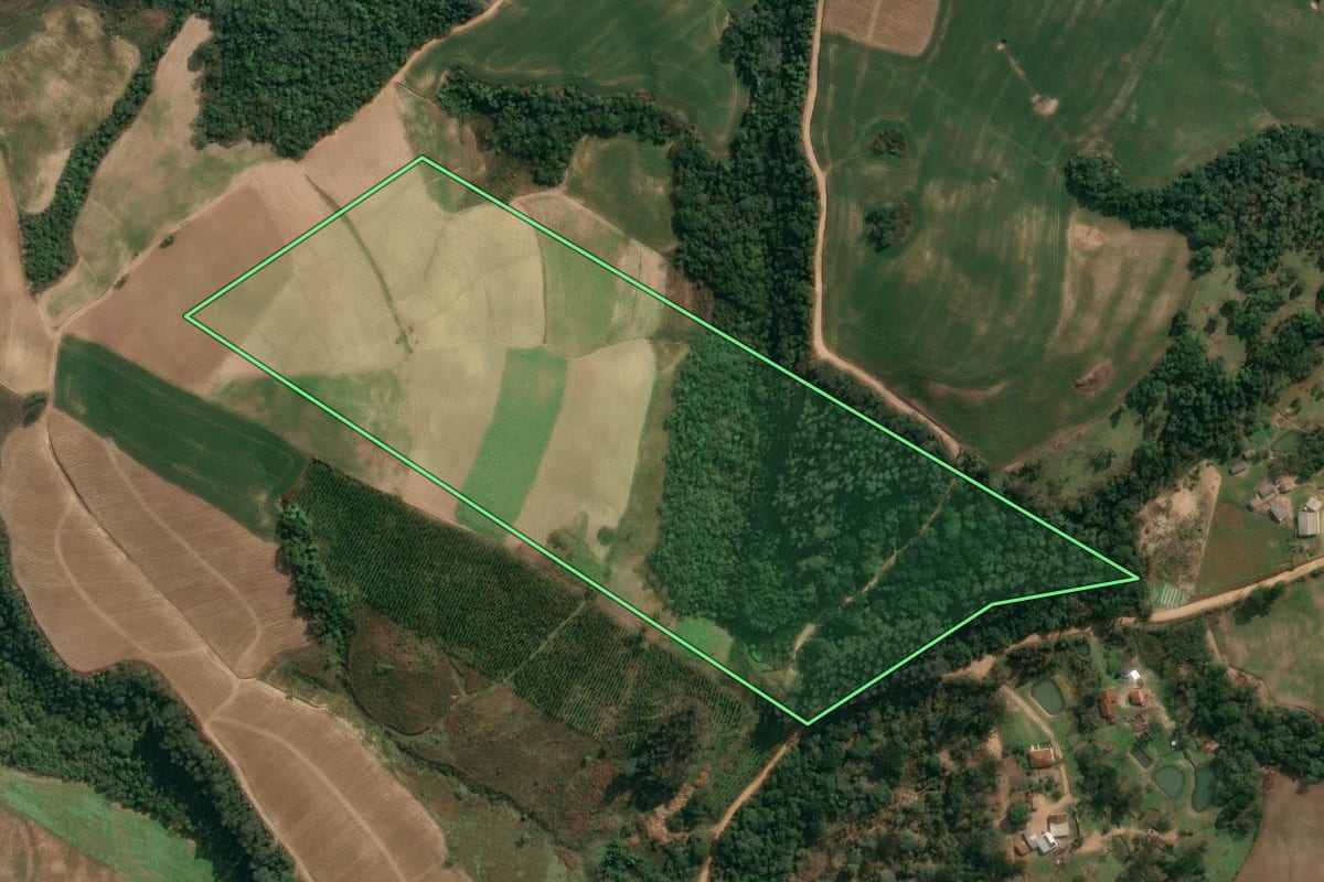 Imagem de satélite do imóvel rural em Irati (PR), com o contorno declarado no CAR desenhado por cima.