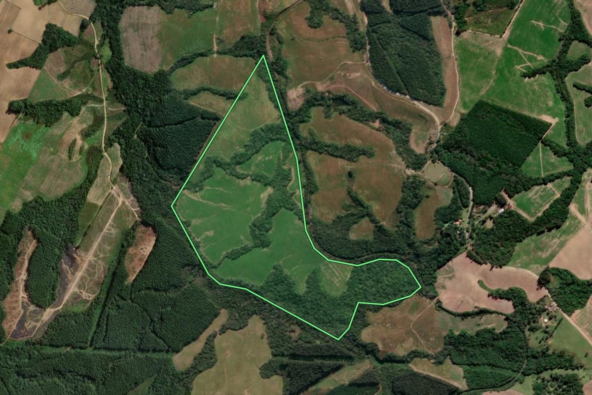 Imagem de satélite do imóvel rural em Irati (PR), com o contorno declarado no CAR desenhado por cima.